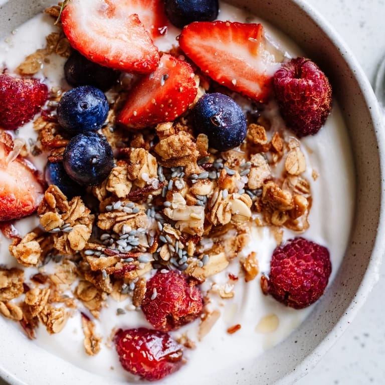 A vibrant dry yogurt bowl: imagine luscious yogurt topped with red berries and golden granola.