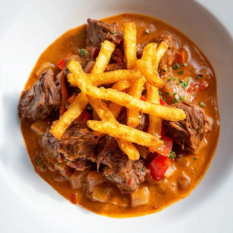 Hearty Czech Goulash Potato; imagine the succulent beef and crispy potatoes on your plate.