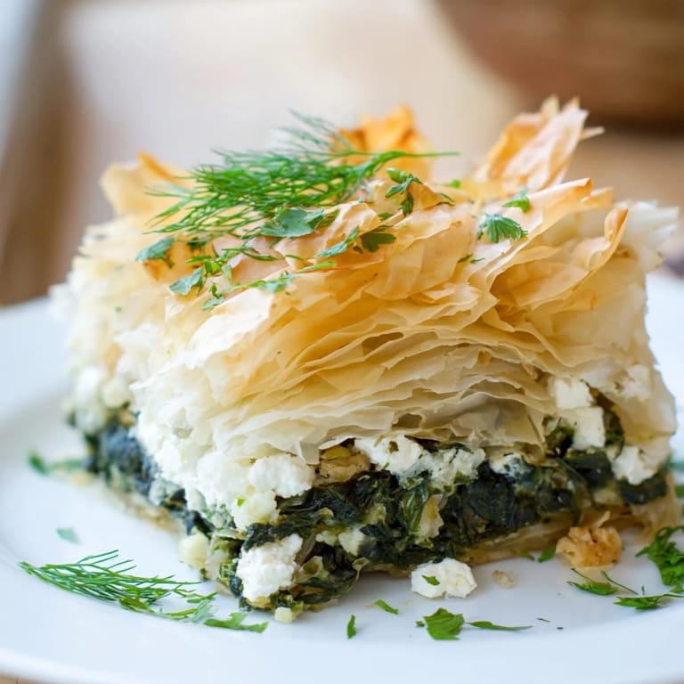 Close-up of a delightful golden-brown spanakopita, revealing a flavorful spinach and feta filling.