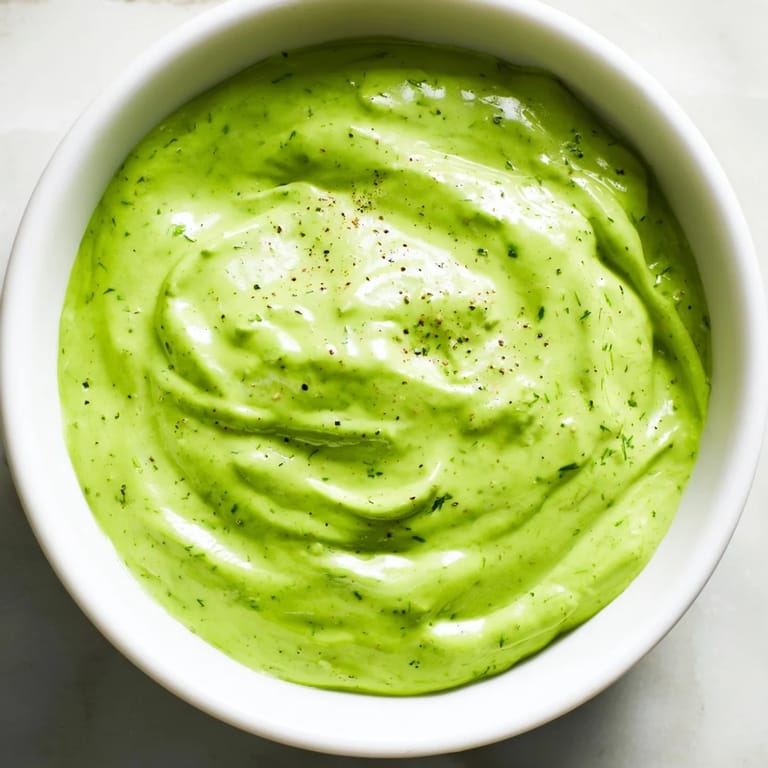 Creamy homemade Green Goddess Dressing, perfectly blended with fresh herbs, ready to drizzle over a salad.