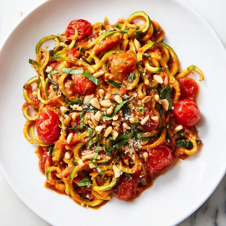 Bright image of zucchini noodle variations, with creamy avocado pesto drizzled over fresh zoodles.