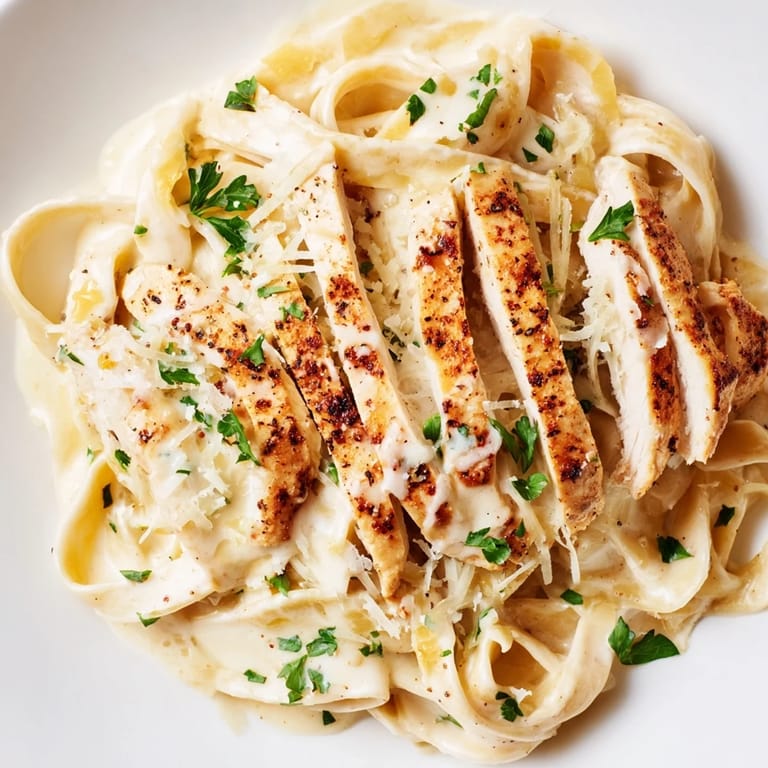 Steaming skillet of Cajun Chicken Alfredo, showcasing fettuccine noodles coated in rich sauce and tender, spice-rubbed chicken slices ready to serve.