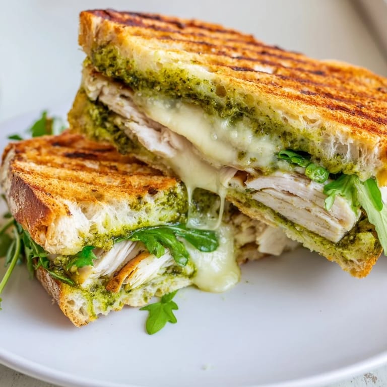Freshly pressed Chicken Pesto Panini cut in half, revealing layers of juicy chicken, melted cheese, and fresh spinach.