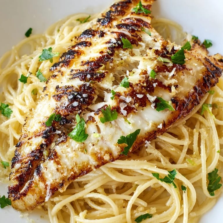 A vibrant serving of Lemon Bass Pasta with grilled fish, spaghetti, and lemon wedges on a rustic white plate.