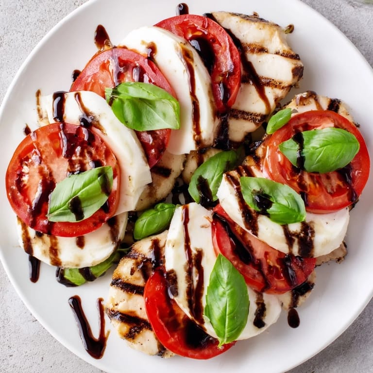 A close-up of juicy grilled chicken, creamy mozzarella, and bright red tomatoes on greens for a healthy Chicken Caprese Salad.