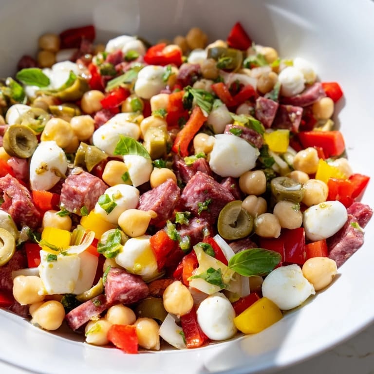 Fresh herbs garnish Crunchy Antipasto Chopped Salad, featuring crisp cucumbers and peppers for an Italian-American appetizer.