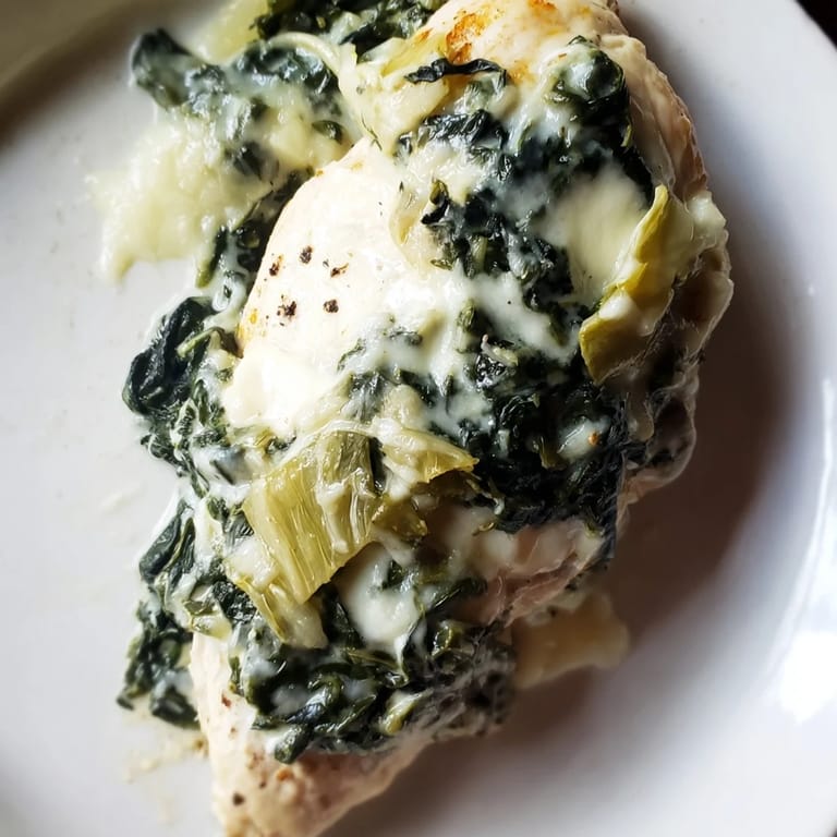 Tender chicken breasts are smothered in a vibrant green spinach and artichoke mixture.