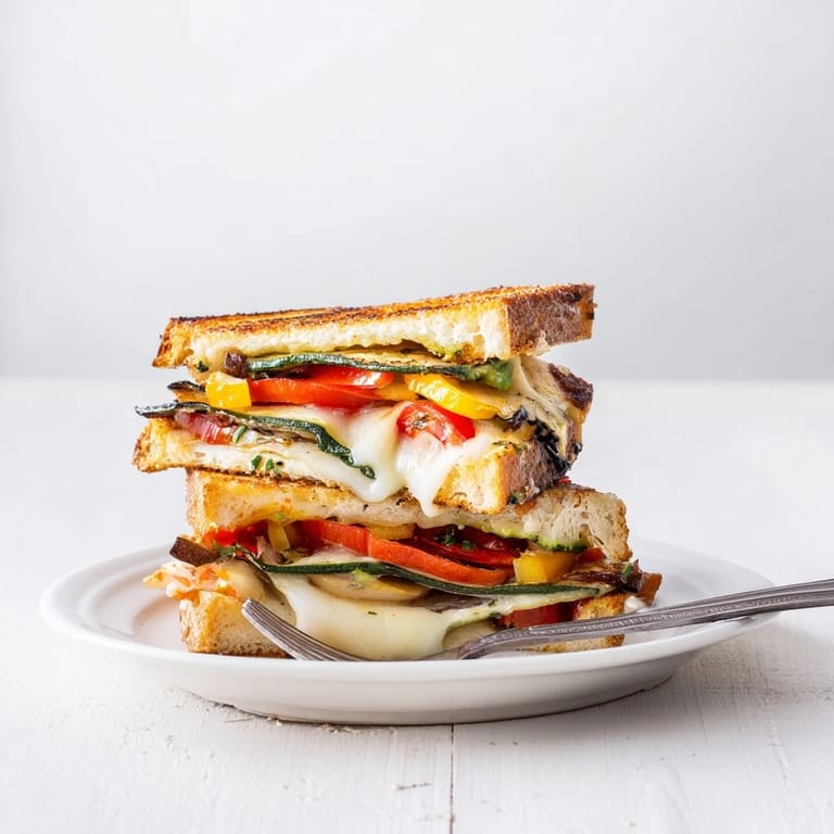 A close-up of the Roasted Veggie Caprese Grilled Cheese showing melted mozzarella stretching, vibrant roasted vegetables, and juicy tomato slices on buttery bread.