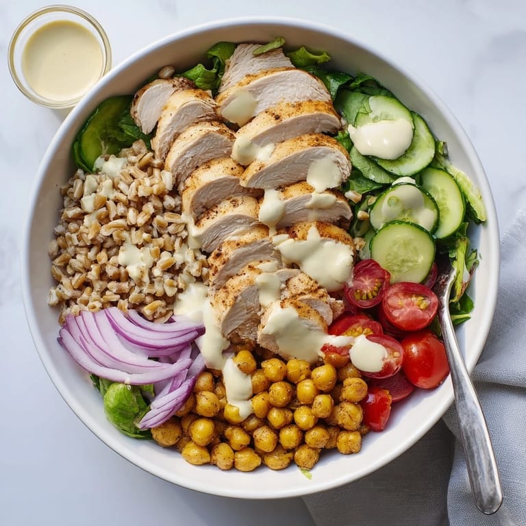 Hearty Lemon Tahini Chicken Power Bowl featuring juicy chicken, farro, and crispy chickpeas drizzled with creamy sauce.