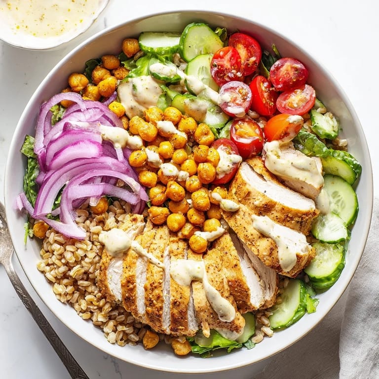 Fresh Lemon Tahini Chicken Power Bowl with sliced roasted chicken, colorful veggies, and tahini drizzle in a bowl.