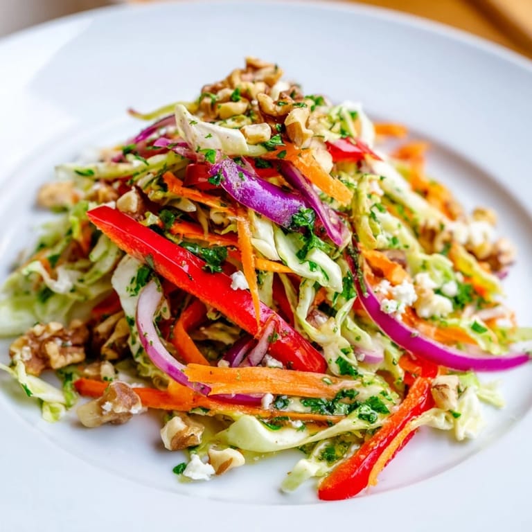 Cooked and Loved Cabbage Salad served warm, topped with crunchy toasted walnuts and crumbled feta, featuring tender sautéed cabbage and fresh herbs for a colorful and healthy side dish.
