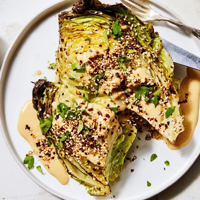 Savory roasted cabbage wedges served warm with tahini sauce, perfect as a healthy vegan side dish or light main.