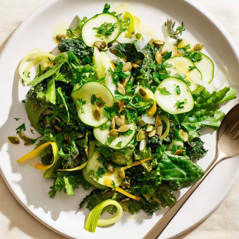 Vibrant bowl of Glowing Green Salad featuring hydrating vegetables and tender greens, lightly dressed with olive oil, lemon, and Dijon for a refreshing side.  