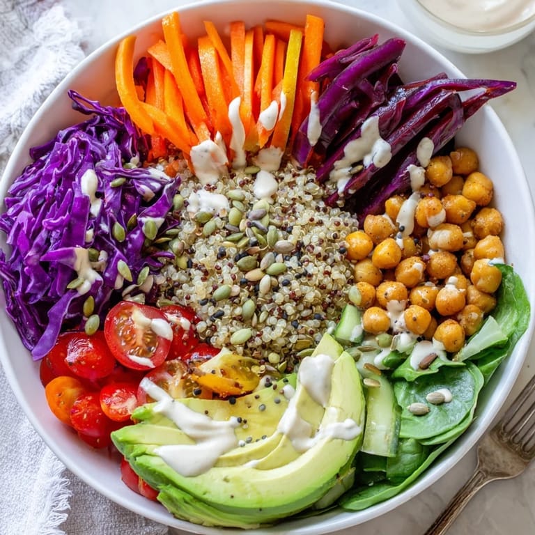 A nourishing Rainbow Buddha Bowl With Quinoa with bright veggies and creamy tahini dressing.