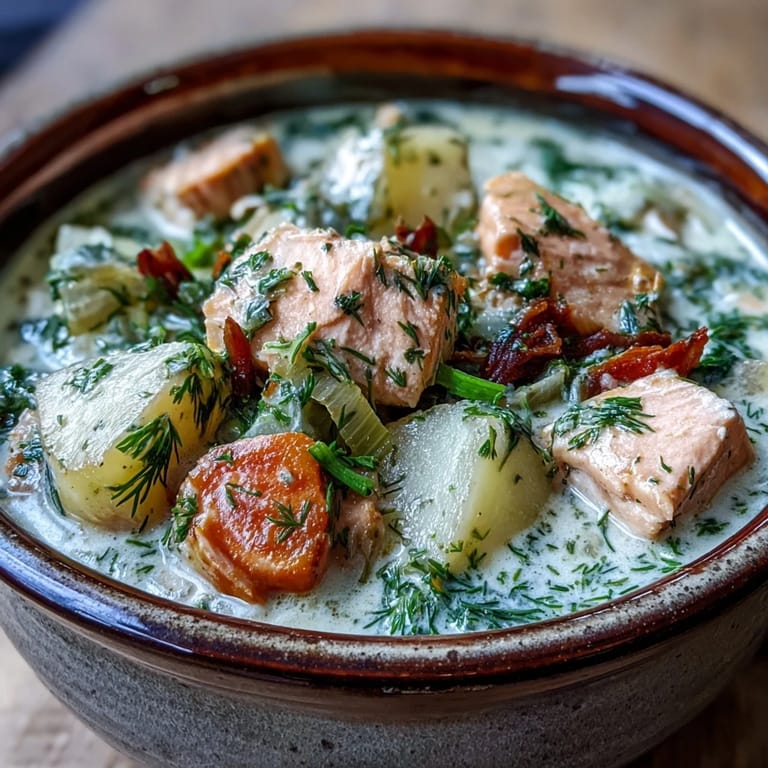 Close-up of delicious Finnish Salmon Soup, highlighting fresh dill and soft potato chunks.
