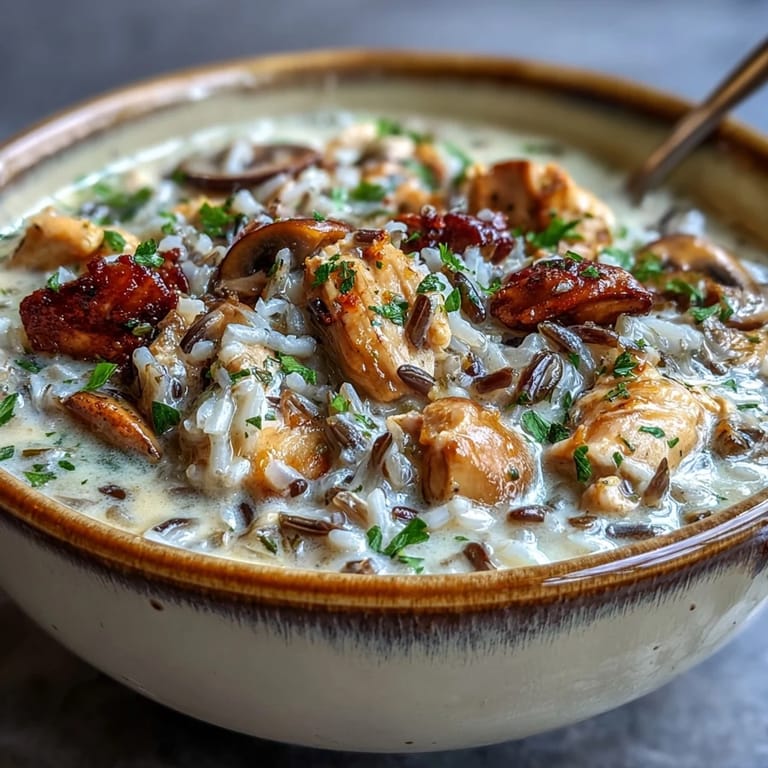 Savory wild rice soup with chicken, mushrooms, rich Parmesan, and cream.