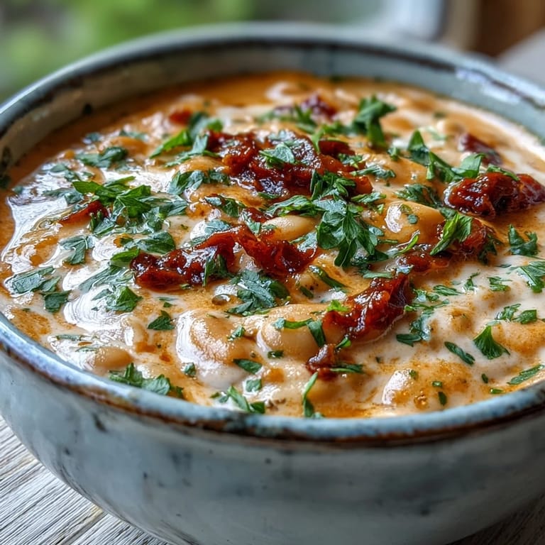 Luscious white bean soup with tomato and a swirl of cream, ready to be served.