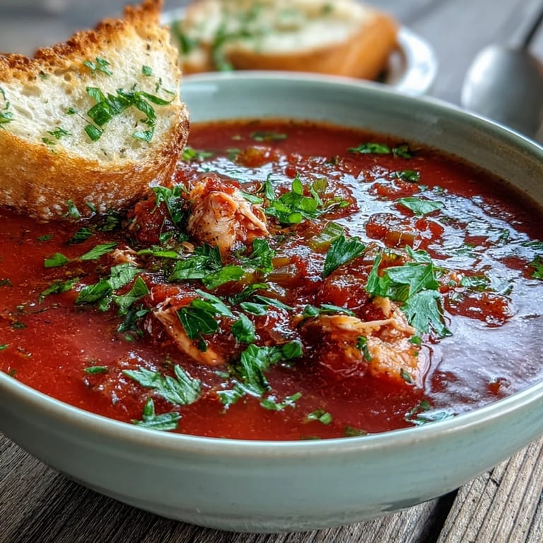 Tender tuna and diced tomatoes simmering in Tuna and Tomato Soup with herbs.