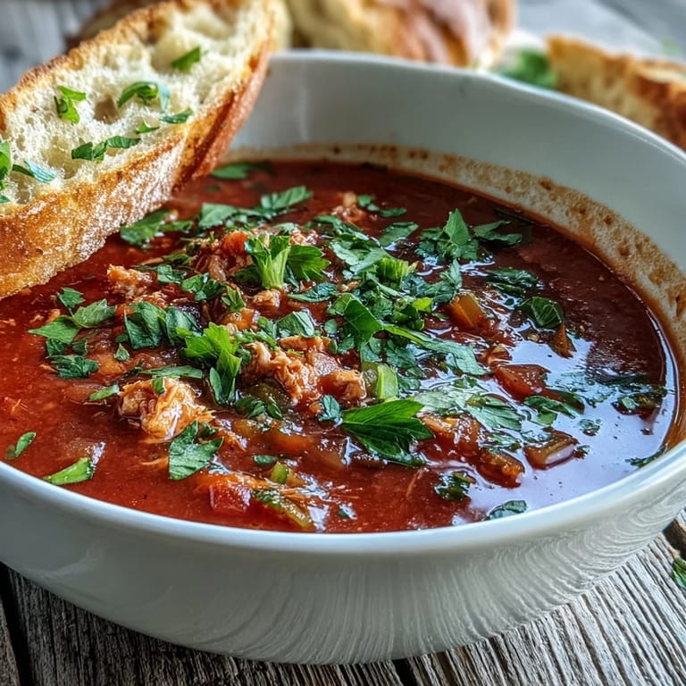 A rustic serving of Tuna and Tomato Soup alongside crusty artisan bread.