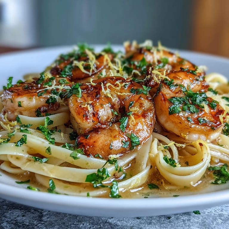 A close-up of Shrimp Scampi With Linguine, featuring plump shrimp nestled in a buttery, garlicky sauce with a squeeze of fresh lemon.
