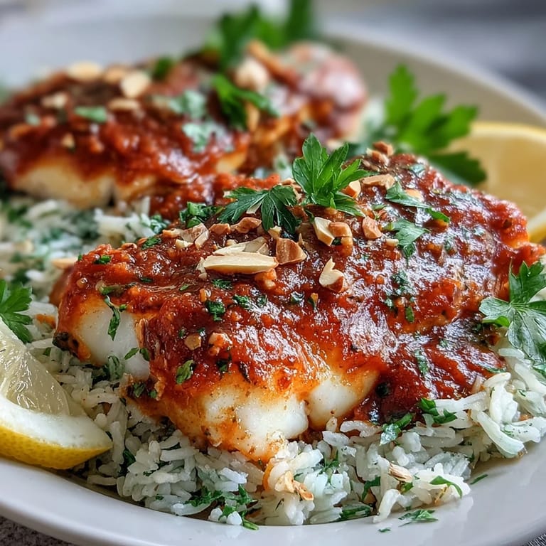 Freshly prepared Tomato-Roasted Cod With Spiced Almonds plated with lemon wedges and parsley garnish, perfect for an easy, healthy weeknight meal.