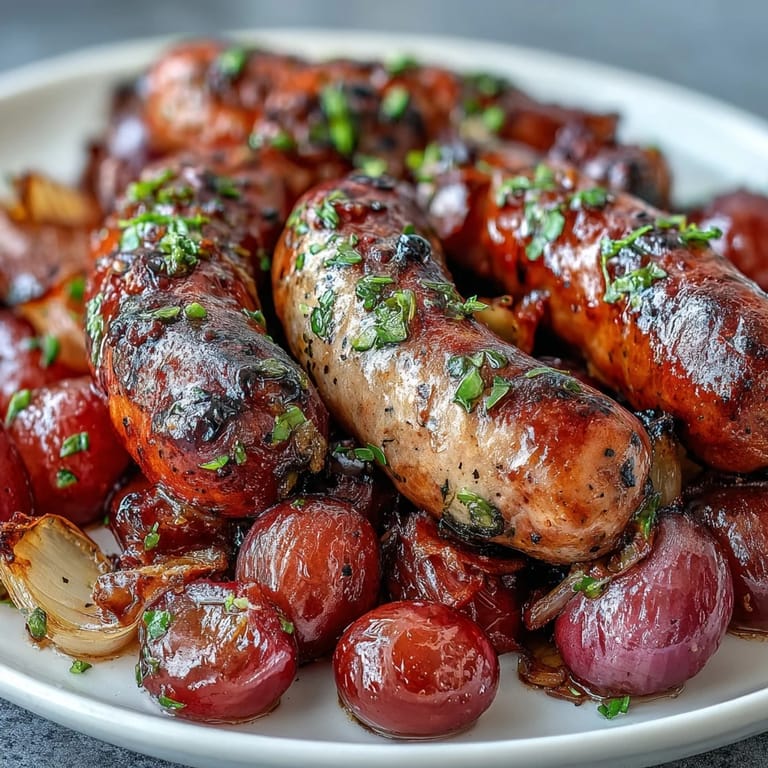 Tender roasted sausage and grapes served hot from the oven, paired with wilted onions and fragrant rosemary on a sheet pan.