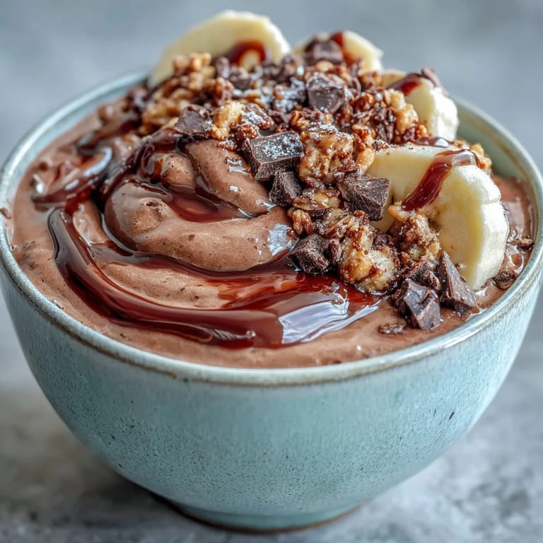 Indulgent chocolate peanut butter smoothie bowl drizzled with extra peanut butter, served in a white ceramic bowl for breakfast.