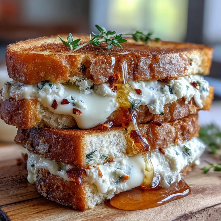 A close-up of a crispy sourdough grilled cheese, oozing with goat cheese spread and sprinkled with red chili flakes.