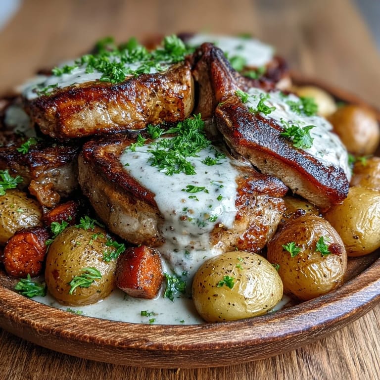 Crockpot Ranch Pork Chops served over mashed potatoes, garnished with fresh parsley and chives.