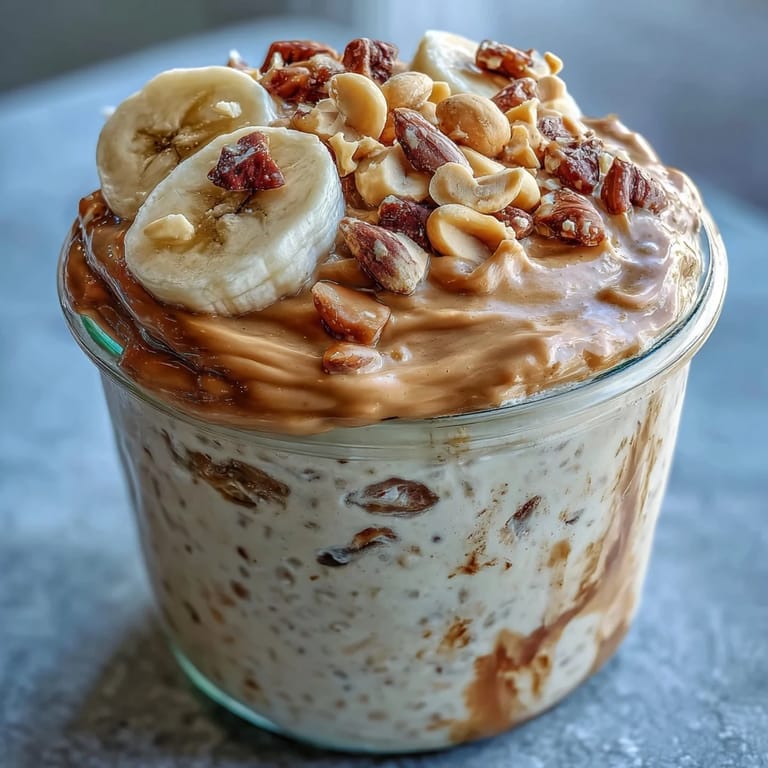 This wholesome jar shows velvety oats swirled with peanut butter, studded with chia seeds, and ready to grab and go in the morning.