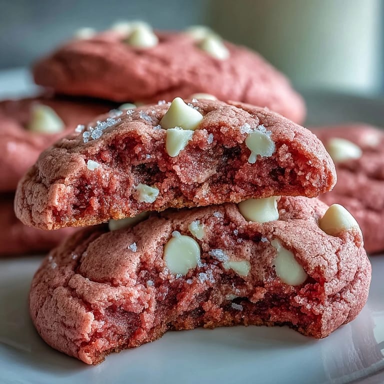 Stack of Pink Velvet Cookies showing soft centers and melted white chocolate chips, perfect for dessert platters.