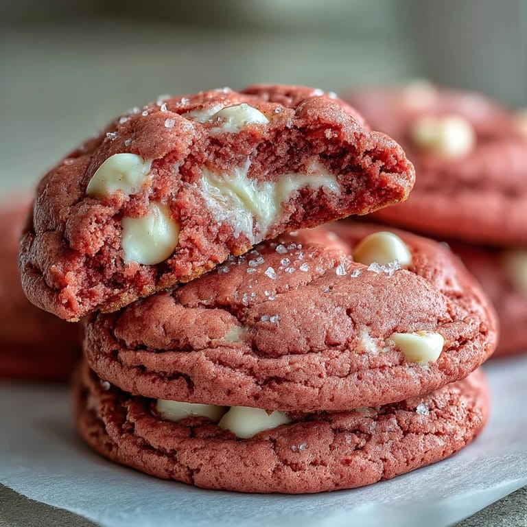 Overhead view of Pink Velvet Cookies dough with pink tint and white chocolate chips ready to be baked.