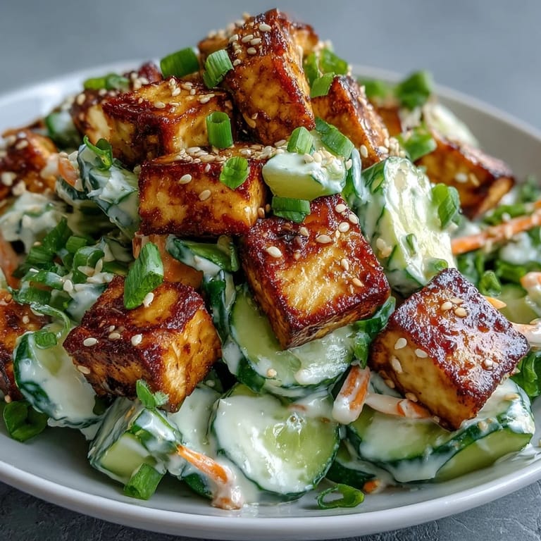 Golden, ultra-crispy tofu rests atop vibrant green cucumbers and orange carrots, garnished with sesame seeds and fresh herbs for a refreshing lunch.
