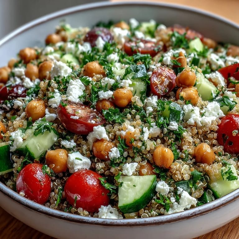 Close-up of the nutritious High Protein Quinoa & Chickpea Salad, featuring fresh vegetables and a light lemon dressing.