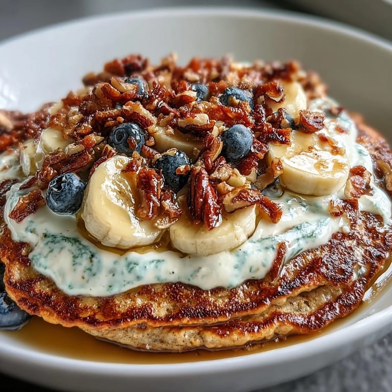 An overhead view of a Protein Pancake Bowl loaded with fresh raspberries, blueberries, and a drizzle of honey.