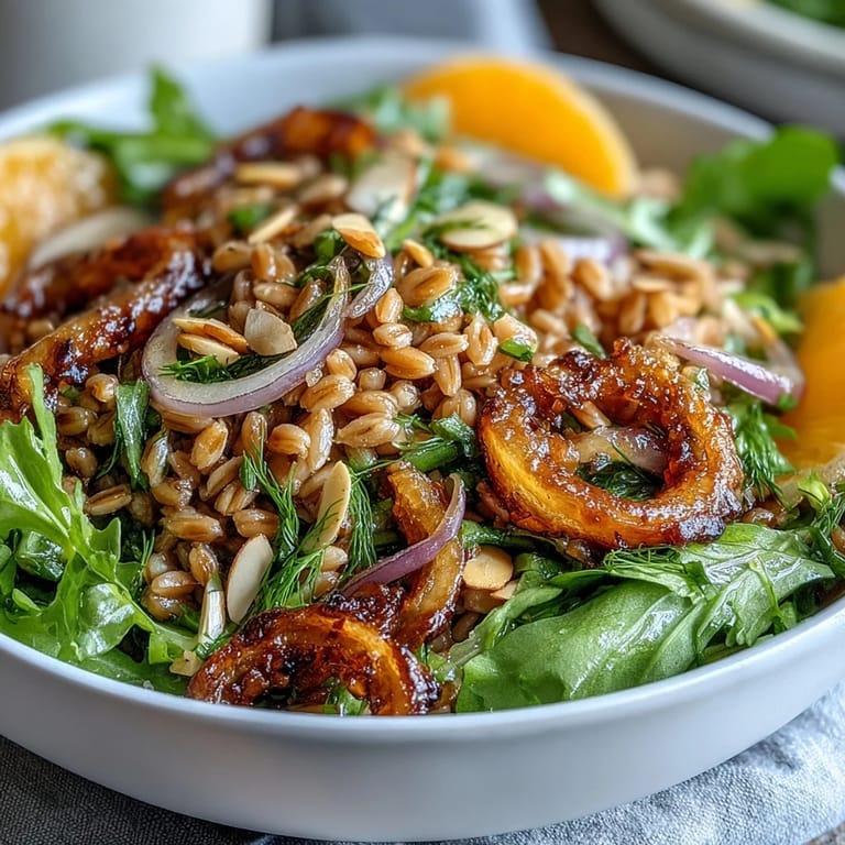 Close-up of Farro Salad Bowl with Fennel, Oranges & Almonds drizzled with zesty vinaigrette and garnished with delicate fennel fronds.