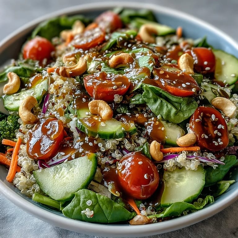 Colorful Rainbow Salad Bowl featuring crunchy cashews, creamy chickpeas, and fresh purple cabbage sections.