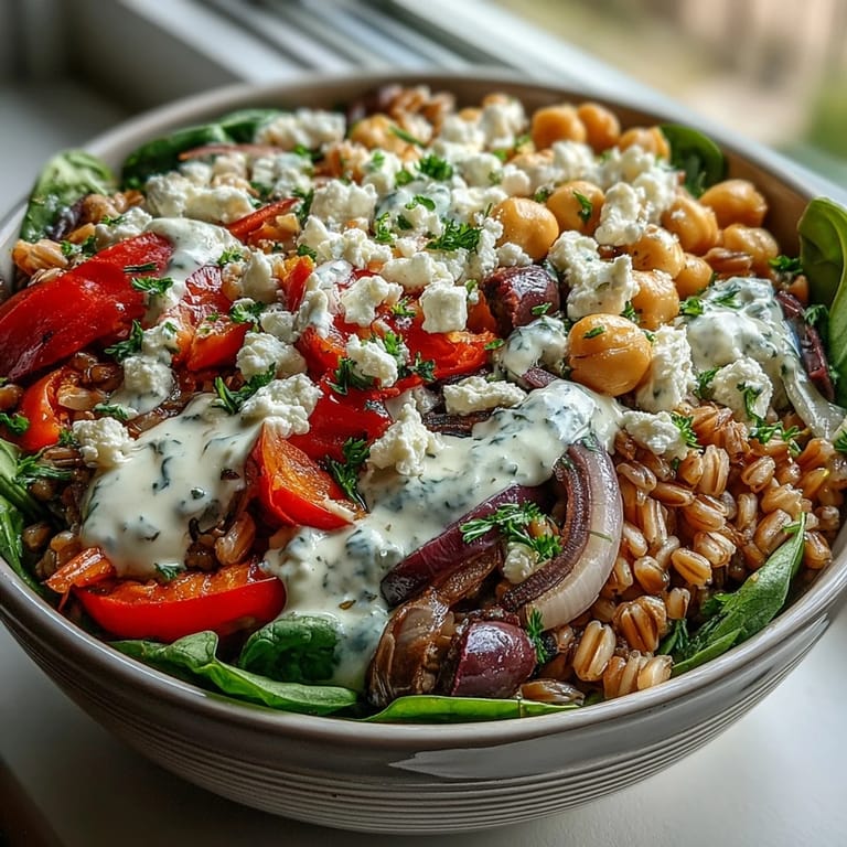 Healthy Mediterranean Farro Bowl plated with bright vegetables and feta, drizzled with lemony tahini dressing, ready to eat.