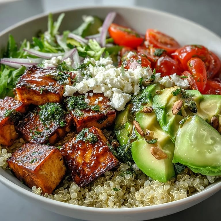 A deconstructed Simple Grain Bowl with farro, pan-seared tofu, feta, red onion, and avocado on a white plate.