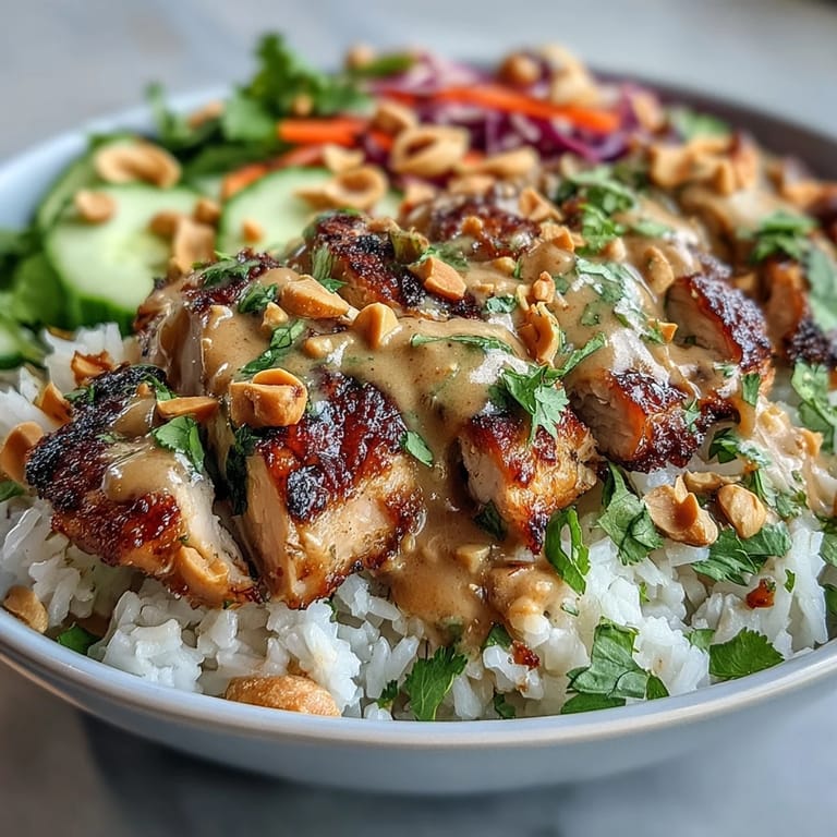 Sliced grilled chicken and fresh veggies piled high on fluffy coconut rice, ready for a creamy peanut sauce drizzle.