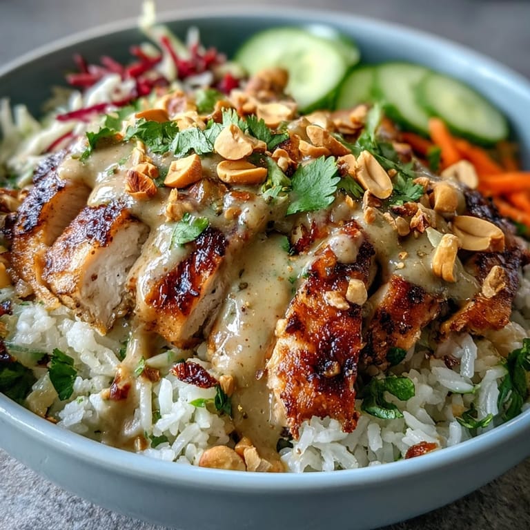 A close look at a nourishing Coconut Rice Peanut Bowl with edamame, cilantro, chopped peanuts, and a lime wedge.