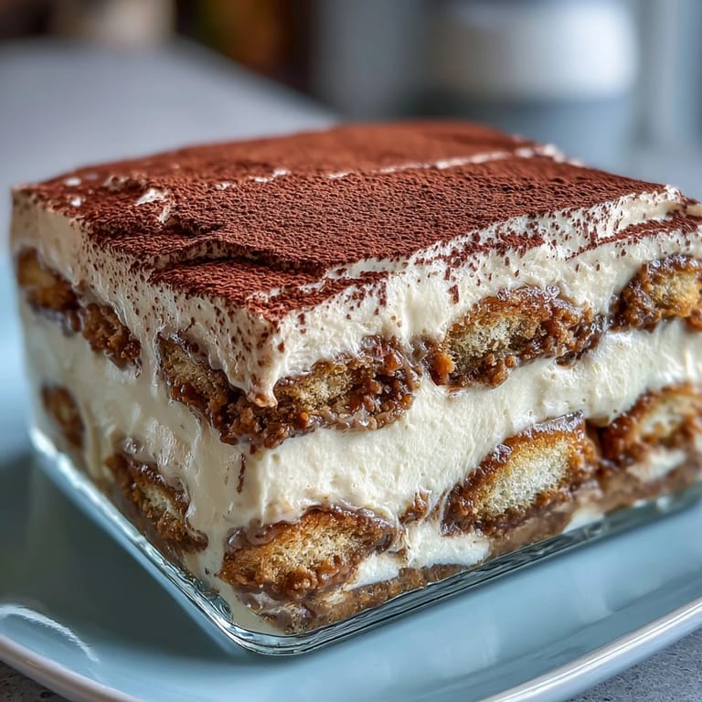 Layers of Hojicha Tiramisu are lifted from a baking dish, revealing the rich mascarpone cream and tea-soaked biscuits.