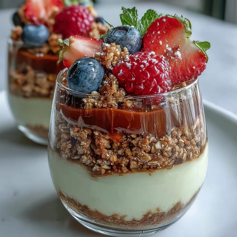 Set Hojicha Panna Cotta Parfait layered with macerated mixed berries and granola, served chilled in dessert glasses.