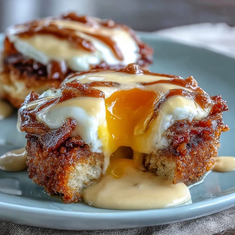 Golden poached eggs and Canadian bacon rest on toasted English muffins, drizzled with rich, velvety Hollandaise sauce.