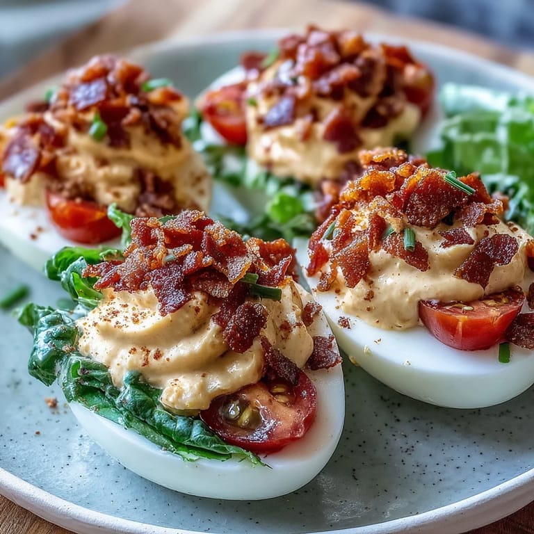 Creamy deviled eggs filled with tangy yolk mixture, topped with crunchy bacon, juicy tomatoes, and shredded romaine for a BLT twist.