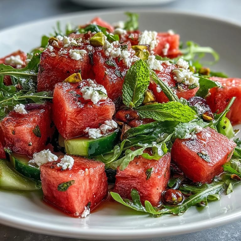 Refreshing Watermelon and Arugula Salad featuring crisp cucumber, tangy red onion, and a zesty lime vinaigrette.