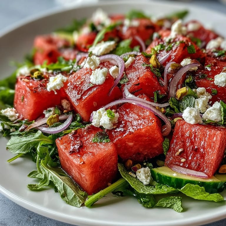 Colorful Watermelon and Arugula Salad with fresh mint leaves, crunchy nuts, and crumbled feta for a summer delight.