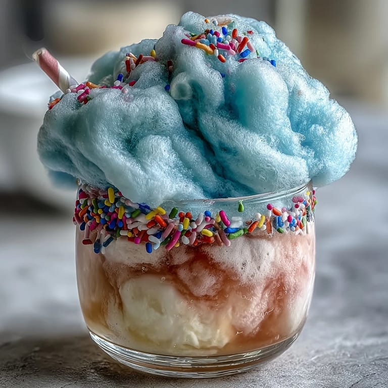 Vibrant Cotton Candy Lemonade Float featuring tart lemonade, fluffy pink cotton candy, and creamy vanilla ice cream topped with mint.