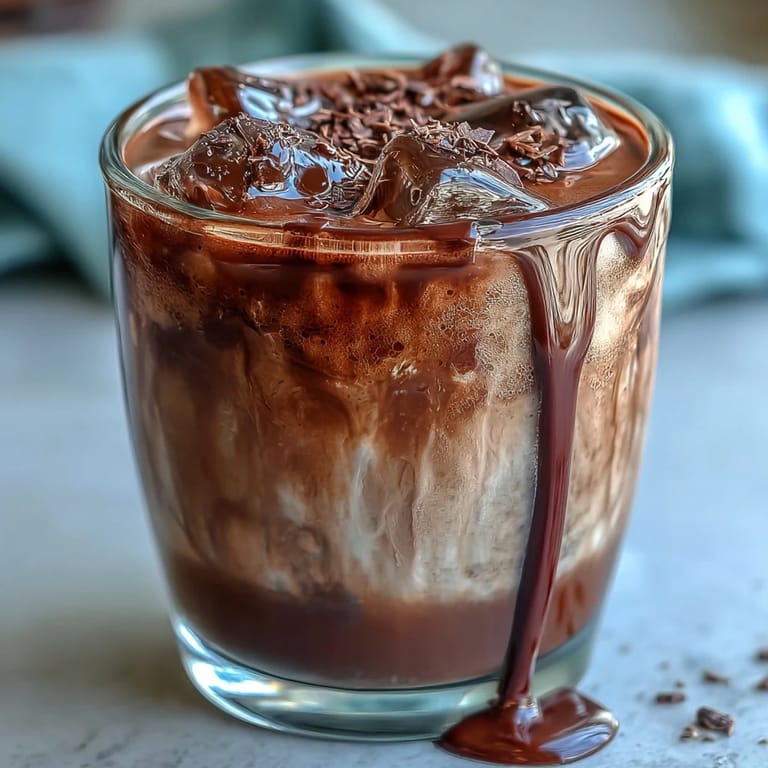 A glass of cold brew coffee crowned with smooth chocolate cream, garnished with chocolate syrup for extra indulgence.