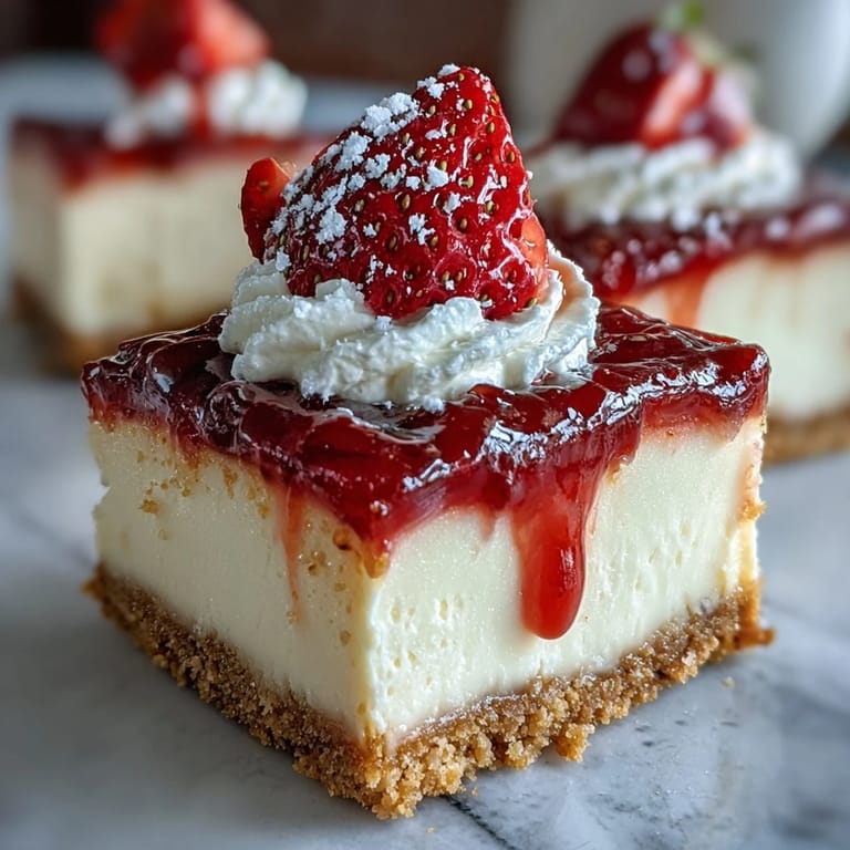 Layers of creamy cheesecake and juicy strawberries atop buttery graham cracker crust in these strawberry bars.